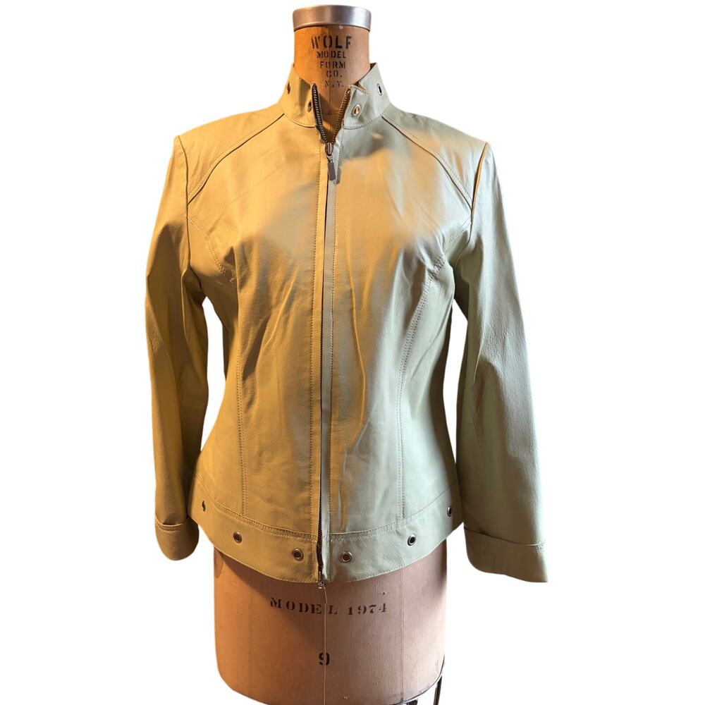 NWT Pamela McCoy Genuine Leather Jacket Women SM Celery Green Grommet Y2K